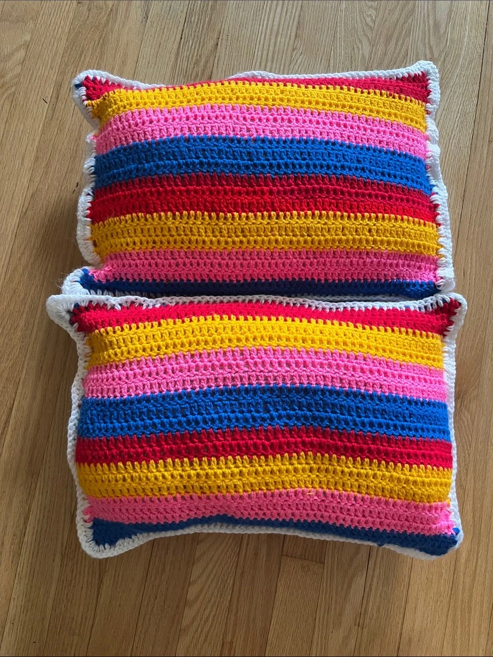 Handmade Striped Crochet Throw Blanket and 2 Pillow Set - Multicolor